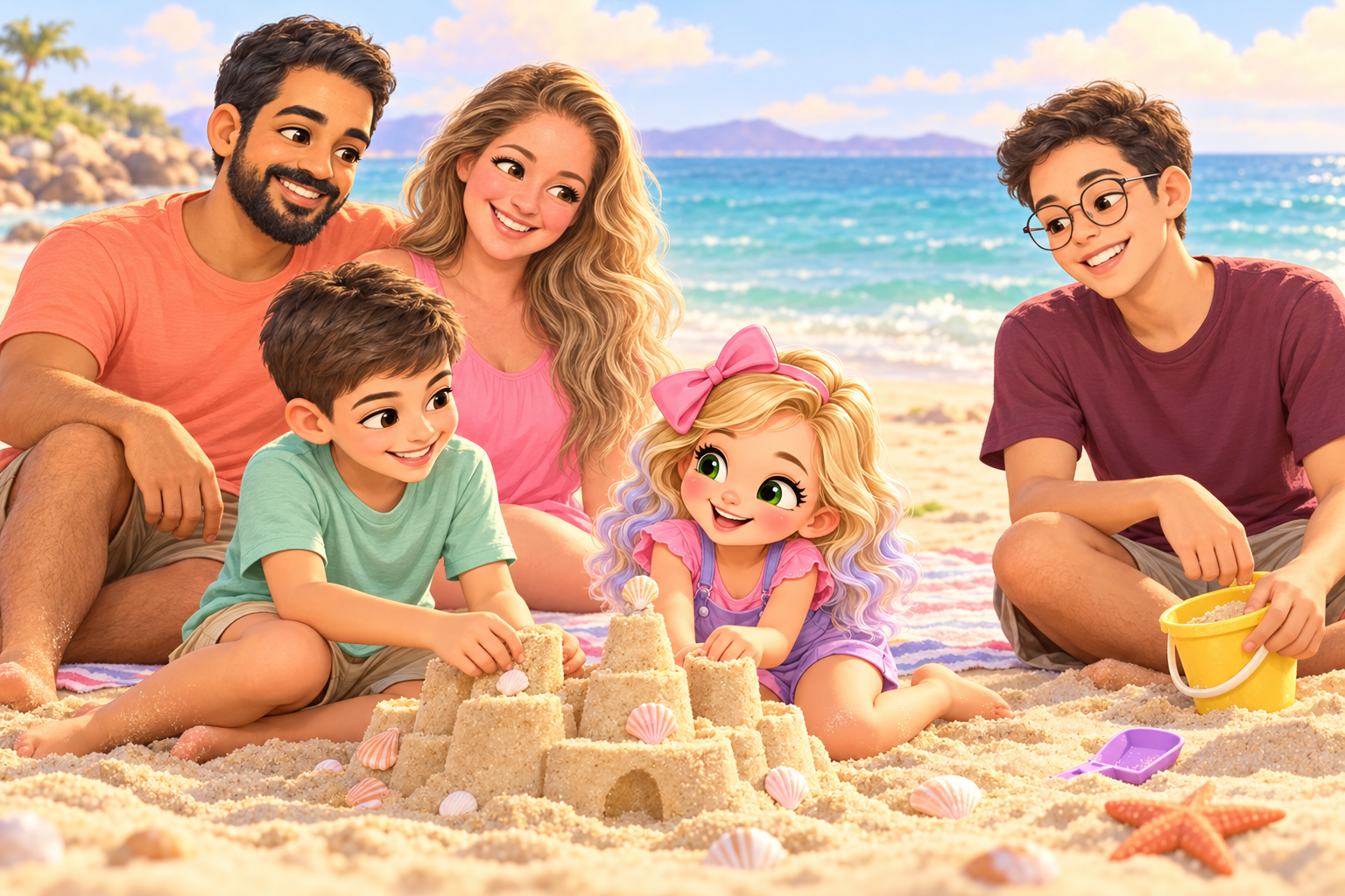 Ilustração dos cinco personagens da família na praia: papai e mamãe por perto, enquanto Maria brinca na areia com o irmão mais velho e o irmão do meio
